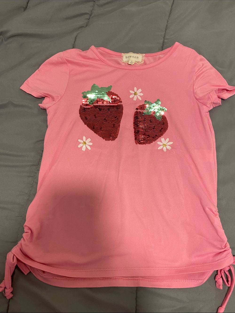 btween Pink Short-Sleeve Tee with Sequin Strawberry Motif